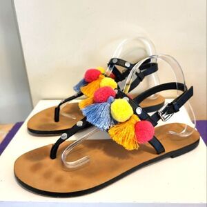 Rebecca Minkoff "Estelle" Black Leather w/PomPom Tassels Thong Sandals Sz 9 $295